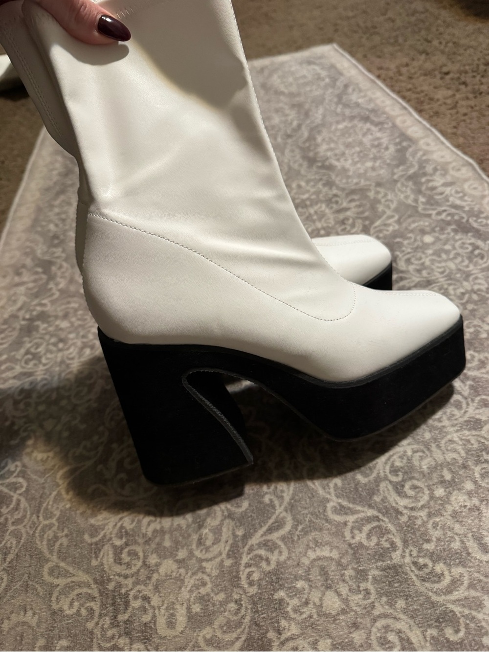 Miss Lola White Platform Ankle Boots with Black Sculpted Block Heel